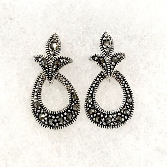 Vintage Jewelry - Fleur De Lis Style Marcasite Sterling Silver Drop Earrings